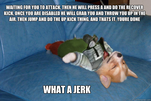 Waiting for you to attack, then he will press A and do the recover kick, once you are disabled he will grab you and throw you up in the air, then jump and do the up kick thing, and thats it, youre done What a jerk - Waiting for you to attack, then he will press A and do the recover kick, once you are disabled he will grab you and throw you up in the air, then jump and do the up kick thing, and thats it, youre done What a jerk  Jerk Fox