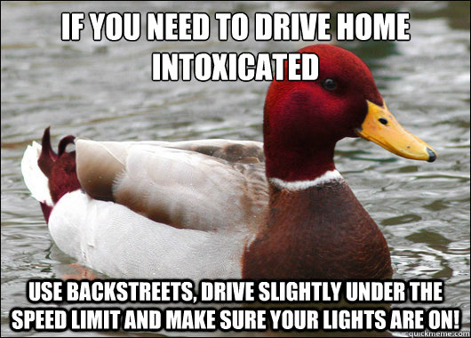 If you need to drive home intoxicated
 use backstreets, drive slightly under the speed limit and make sure your lights are on!  Malicious Advice Mallard