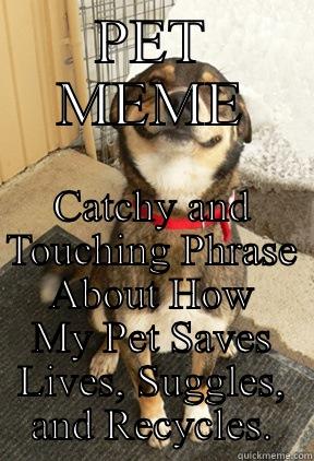 PET MEME CATCHY AND TOUCHING PHRASE ABOUT HOW MY PET SAVES LIVES, SUGGLES, AND RECYCLES. Good Dog Greg