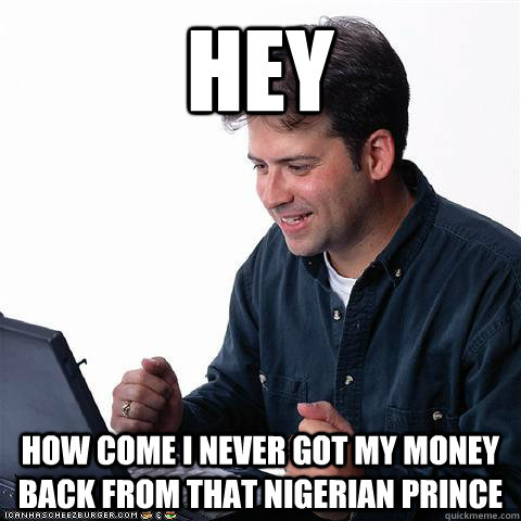 hey how come i never got my money back from that Nigerian prince  Net noob
