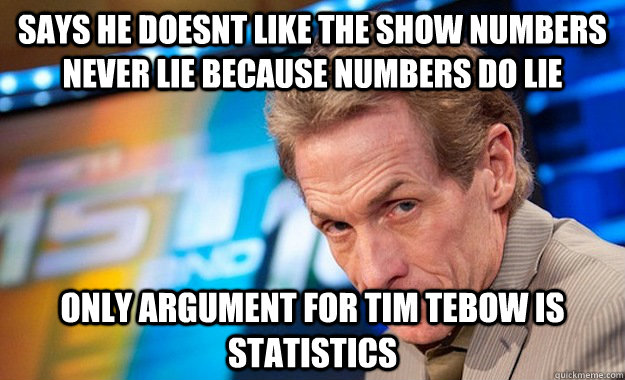 Says he doesnt like the show numbers never lie because numbers do lie Only argument for tim tebow is statistics - Says he doesnt like the show numbers never lie because numbers do lie Only argument for tim tebow is statistics  Skip Bayless Hypocrite