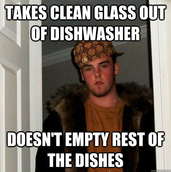 Takes clean glass out of dishwasher Doesn't empty rest of the dishes  Scumbag Steve