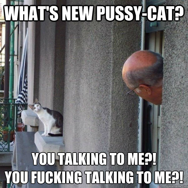 What's new pussy-cat? you talking to me?!
You fucking talking to me?! - What's new pussy-cat? you talking to me?!
You fucking talking to me?!  Whats new pussy-cat