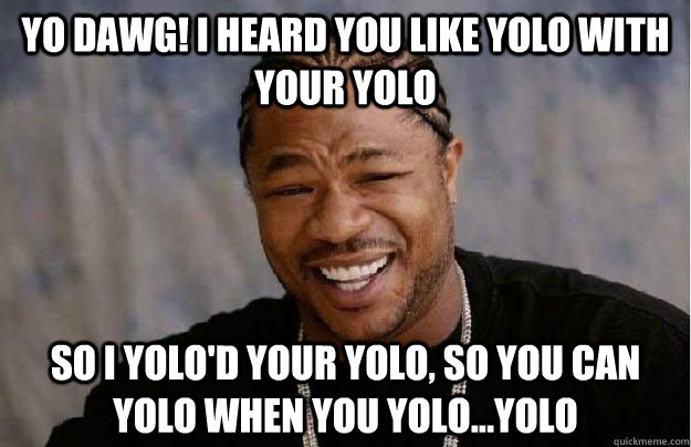 Yo Dawg! I heard you like YOLO with your YOLO So I yolo'd your yolo, so you can yolo when you yolo...yolo - Yo Dawg! I heard you like YOLO with your YOLO So I yolo'd your yolo, so you can yolo when you yolo...yolo  Yo Dawg Hadoop