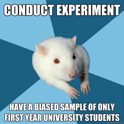 Conduct experiment Have a biased sample of only first year university students  Psychology Major Rat