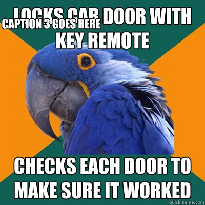locks car door with key remote checks each door to make sure it worked Caption 3 goes here  Paranoid Parrot