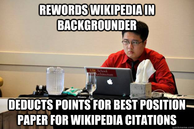 Rewords wikipedia in backgrounder Deducts points for best position paper for wikipedia citations  