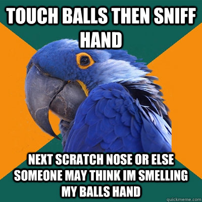 touch balls then sniff hand next scratch nose or else someone may think im smelling my balls hand  Paranoid Parrot
