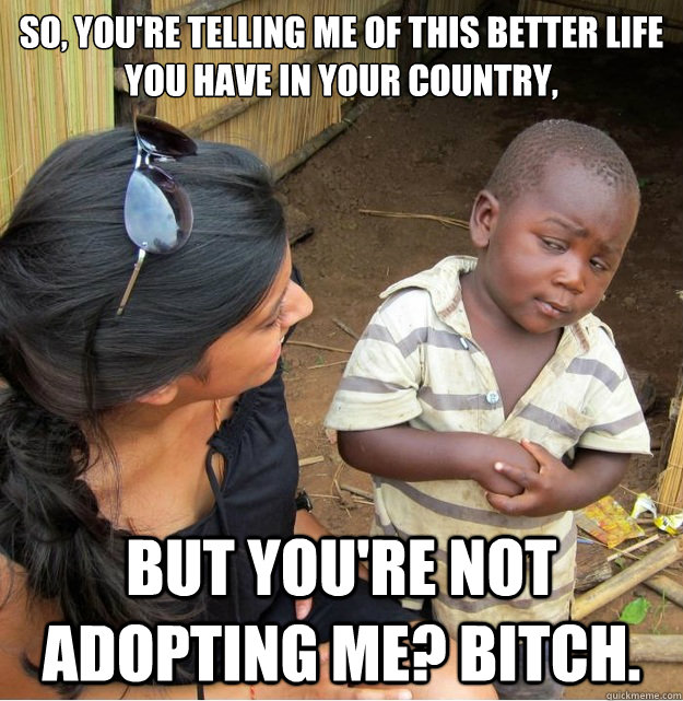So, you're telling me of this better life you have in your country, But you're not adopting me? Bitch.  Skeptical Third World Kid
