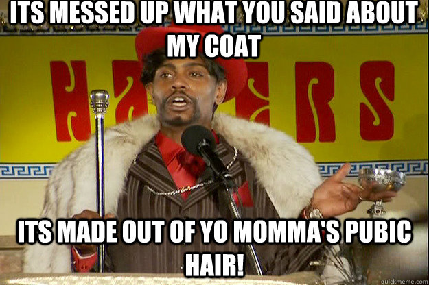 Its messed up what you said about my coat Its made out of yo momma's pubic hair!  