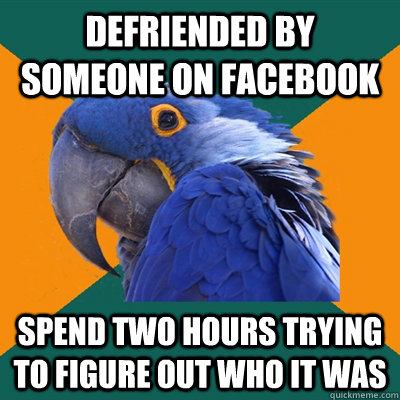 defriended by someone on facebook spend two hours trying to figure out who it was  Paranoid Parrot