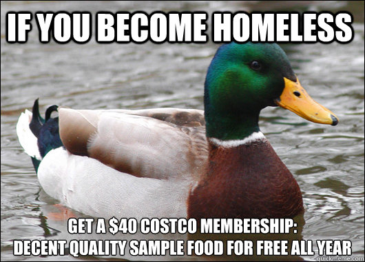 If you become homeless get a $40 costco membership: 
decent quality sample food for free all year  Actual Advice Mallard