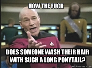 how the fuck does someone wash their hair with such a long ponytail?  Annoyed Picard