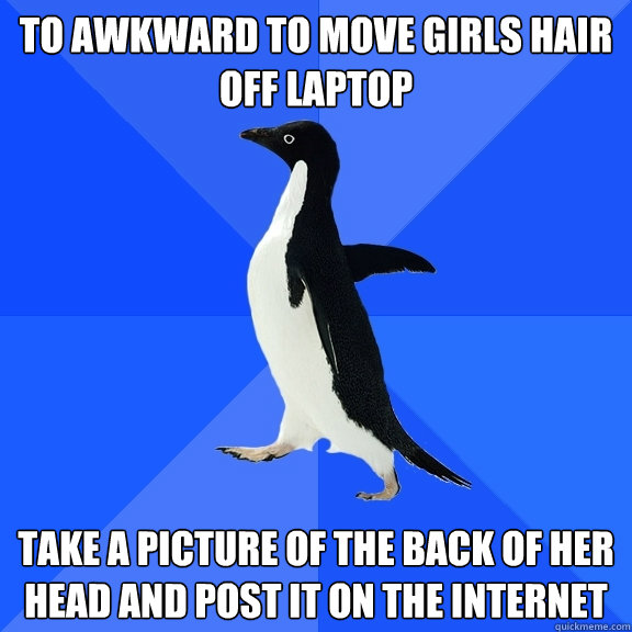 To awkward to move girls hair off laptop Take a picture of the back of her head and post it on the internet  Socially Awkward Penguin