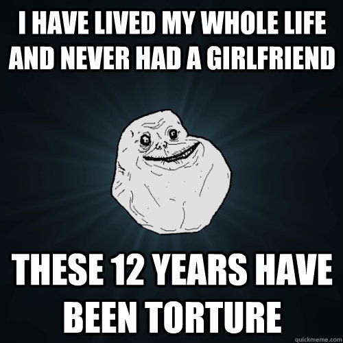 I have lived my whole life and never had a girlfriend these 12 years have been torture  Forever Alone