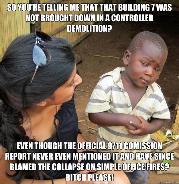 So you're telling me that that building 7 was not brought down in a controlled demolition? Even though the official 9/11 comission report never even mentioned it and have since blamed the collapse on simple office fires? Bitch please!  Skeptical Third World Kid