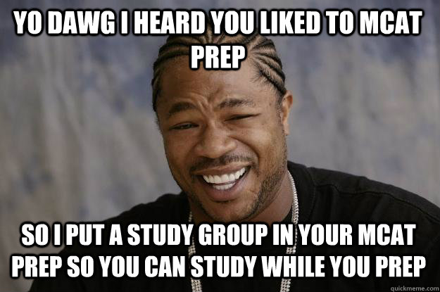 YO DAWG I HEARD YOU LIKED TO MCAT PREP SO I PUT A STUDY GROUP IN YOUR MCAT PREP SO YOU CAN STUDY WHILE YOU PREP - YO DAWG I HEARD YOU LIKED TO MCAT PREP SO I PUT A STUDY GROUP IN YOUR MCAT PREP SO YOU CAN STUDY WHILE YOU PREP  Xzibit meme