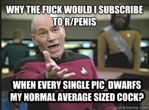 why the fuck would I subscribe to r/penis when every single pic  dwarfs my normal average sized cock?  Annoyed Picard