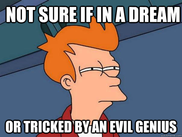 Not sure if in a dream Or tricked by an Evil Genius  Futurama Fry