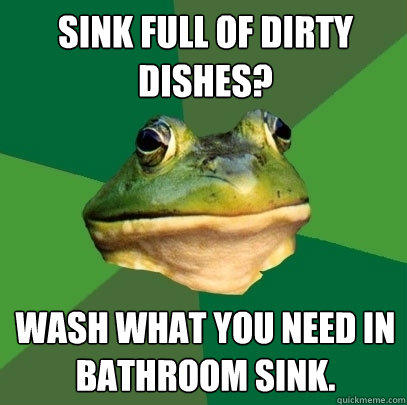 Sink full of dirty dishes? Wash what you need in bathroom sink. - Sink full of dirty dishes? Wash what you need in bathroom sink.  Foul Bachelor Frog