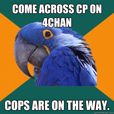 Come across CP on 4chan cops are on the way.  Paranoid Parrot