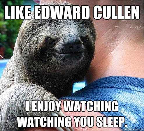 Like Edward Cullen I enjoy watching watching you sleep.  Suspiciously Evil Sloth
