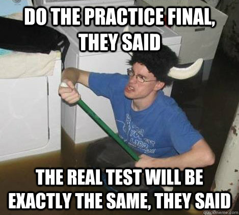 Do the practice final, they said the real test will be exactly the same, they said  They said