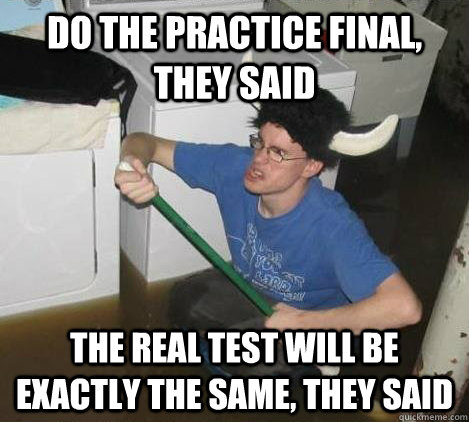 Do the practice final, they said the real test will be exactly the same, they said - Do the practice final, they said the real test will be exactly the same, they said  They said