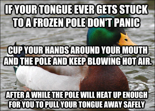 if your tongue ever gets stuck to a frozen pole don't panic cup your hands around your mouth and the pole and keep blowing hot air. after a while the pole will heat up enough for you to pull your tongue away safely  Actual Advice Mallard