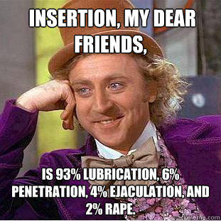  Insertion, my dear friends,  is 93% lubrication, 6% penetration, 4% ejaculation, and 2% rape.  -  Insertion, my dear friends,  is 93% lubrication, 6% penetration, 4% ejaculation, and 2% rape.   Creepy Wonka