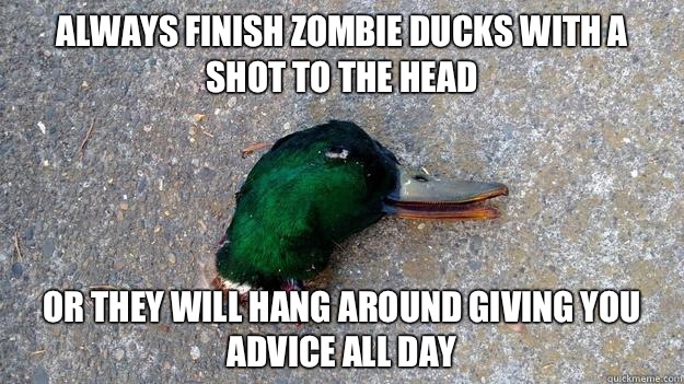 Always finish Zombie ducks with a shot to the head Or they will hang around giving you advice all day - Always finish Zombie ducks with a shot to the head Or they will hang around giving you advice all day  Dead Advice Mallard