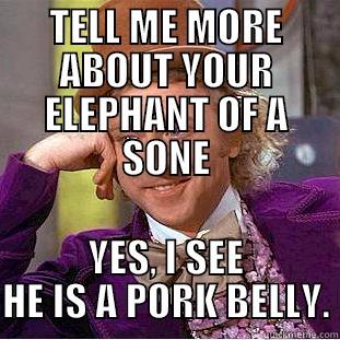 TELL ME MORE ABOUT YOUR ELEPHANT OF A SONE YES, I SEE HE IS A PORK BELLY. Condescending Wonka