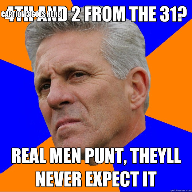 4th and 2 from the 31? Real men punt, theyll never expect it Caption 3 goes here  Uninformed Zook