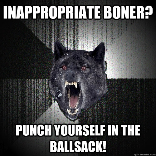 inappropriate boner? punch yourself in the ballsack!  Insanity Wolf