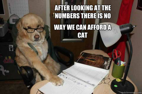 After looking at the numbers there is no  way we can afford a cat  - After looking at the numbers there is no  way we can afford a cat   Accountant Dog