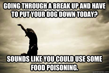 going through a break up and have to put your dog down today? Sounds like you could use some food poisoning.  Scumbag Life