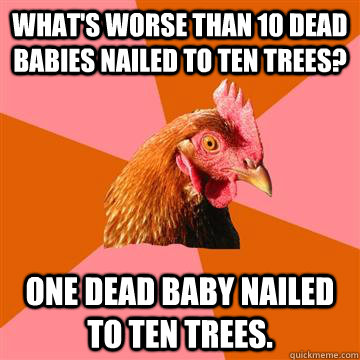 What's worse than 10 dead babies nailed to ten trees? One dead Baby nailed to ten trees. - What's worse than 10 dead babies nailed to ten trees? One dead Baby nailed to ten trees.  Anti-Joke Chicken