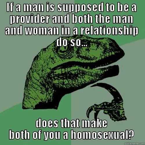 IF A MAN IS SUPPOSED TO BE A PROVIDER AND BOTH THE MAN AND WOMAN IN A RELATIONSHIP DO SO... DOES THAT MAKE BOTH OF YOU A HOMOSEXUAL? Philosoraptor