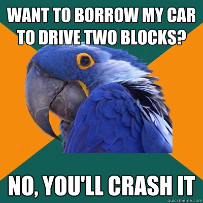want to borrow my car to drive two blocks? no, you'll crash it  Paranoid Parrot
