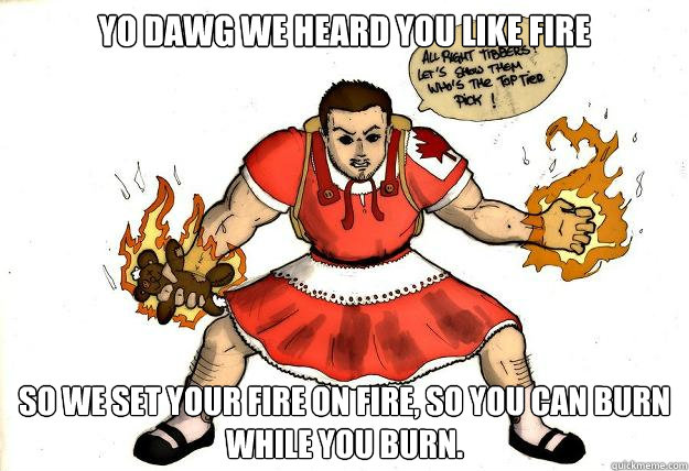 Yo dawg we heard you like fire so we set your fire on fire, so you can burn while you burn.
 - Yo dawg we heard you like fire so we set your fire on fire, so you can burn while you burn.
  Firez