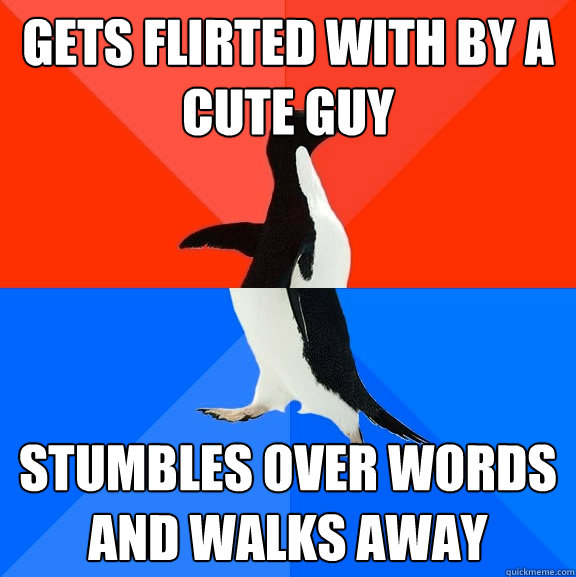 Gets flirted with by a cute guy stumbles over words and walks away  Socially Awesome Awkward Penguin