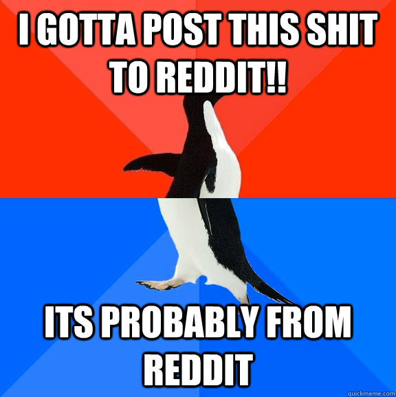 I gotta post this shit to reddit!! its probably from reddit  Socially Awesome Awkward Penguin