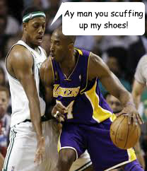 Ay man you scuffing up my shoes!  kobe bryant paul peirce