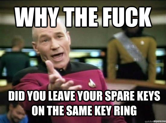 Why the fuck did you leave your spare keys on the same key ring  Annoyed Picard HD