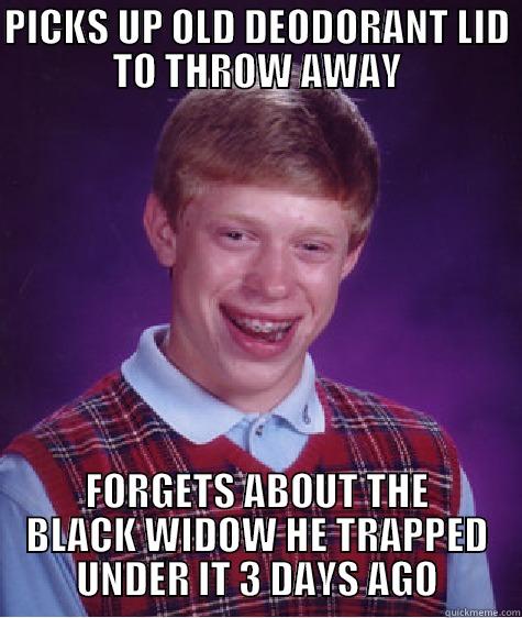 PICKS UP OLD DEODORANT LID TO THROW AWAY FORGETS ABOUT THE BLACK WIDOW HE TRAPPED UNDER IT 3 DAYS AGO Bad Luck Brian