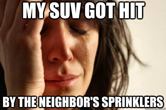 my suv got hit by the neighbor's sprinklers  First World Problems
