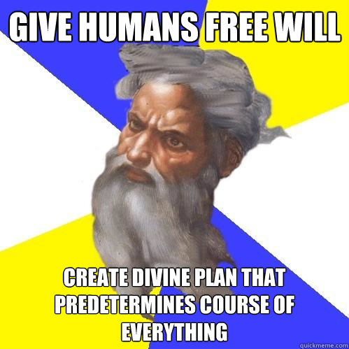 GIVE HUMANS FREE WILL CREATE DIVINE PLAN THAT PREDETERMINES COURSE OF EVERYTHING   Advice God