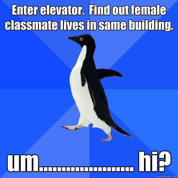 Enter elevator.  Find out female classmate lives in same building. um..................... hi?  Socially Awkward Penguin
