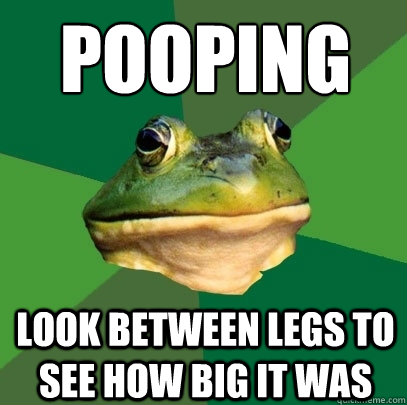 pooping
 look between legs to see how big it was  Foul Bachelor Frog