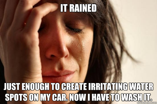 It rained just enough to create irritating water spots on my car. now i have to wash it.  First World Problems